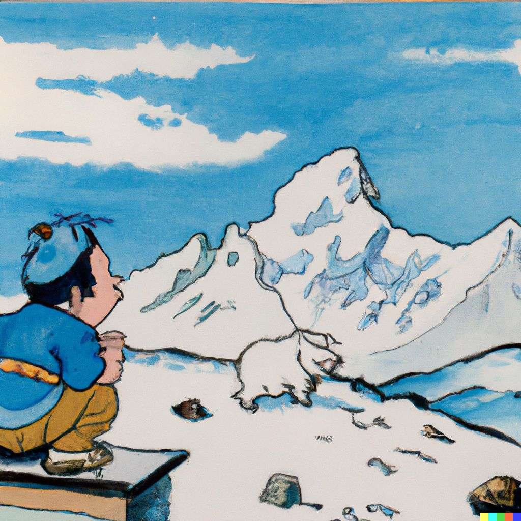 someone gazing at Mount Everest, cartoon by Osamu Tezuka
